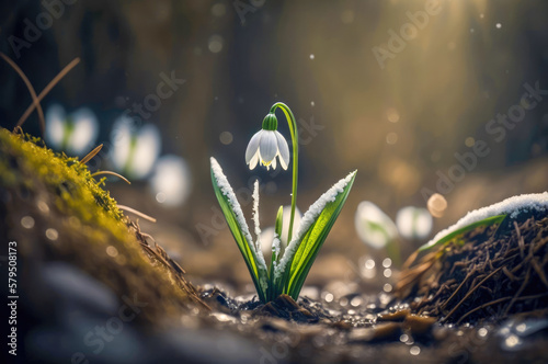 spring snowdrops or snowflake flower in snow
