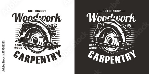 Wood saw for slice of tree or timber for design of workshop or sawmill. Power saw or circular saw for sawing of woodmaster or carpenter.