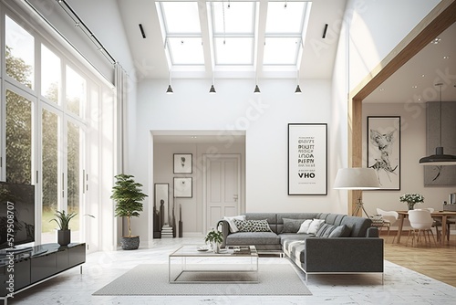 beautiful modern minimalistic interior design with large windows and modern furniture  generative AI