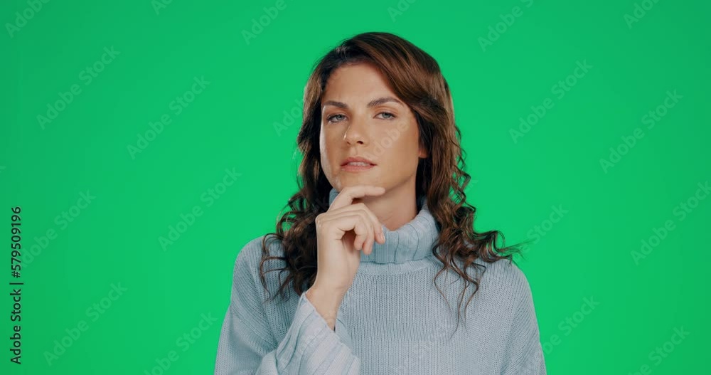Confused, green screen chromakey and face of a woman thinking isolated on a studio background. Doubt, decision and a portrait of a lady with a thought, contemplation and puzzled on a backdrop Confused, green screen chromakey and face of a woman thinking isolated on a studio background. Doubt, decision and a portrait of a lady with a thought, contemplation and puzzled on a backdrop