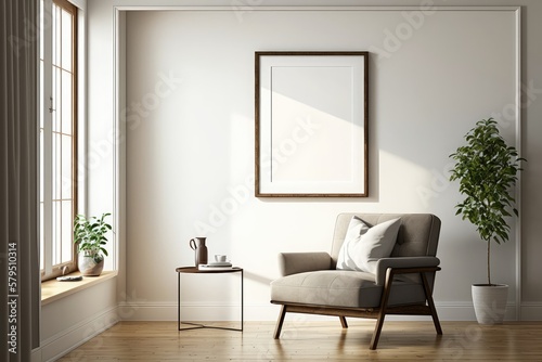 Mockup frame in modern living room with armchair and table. Created with generative Ai technology © ImageMind