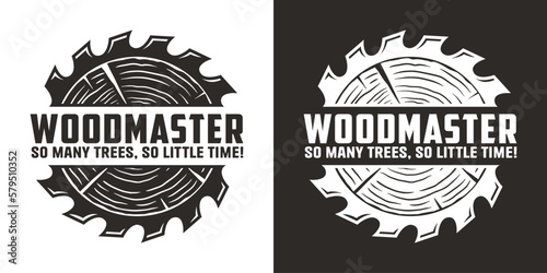 Wood carpentry logo. Saws for slice of tree. Wooden stump and saw