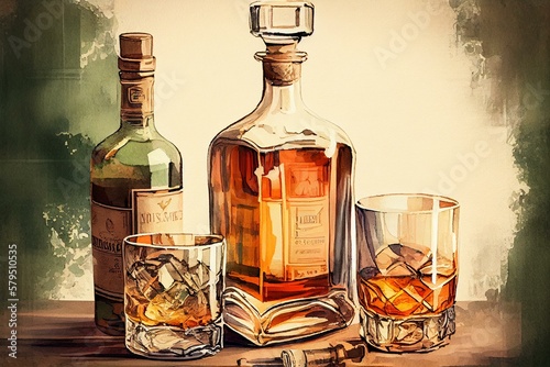 A bottle of whiskey with a decanter and glasses, watercolor style generative AI