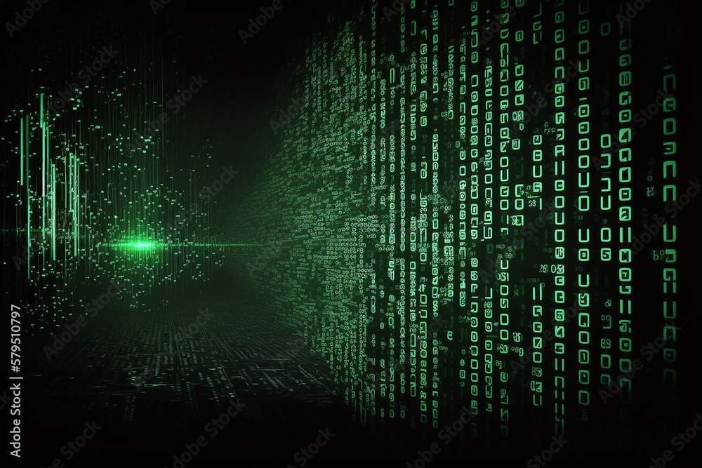 Matrix background with the light green numbers and symbols. Generative AI