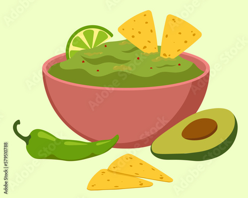 Guacamole In The Bowl With Avocado, Nachos, Pepper. Food Concept Vector Illustration In Flat Style
