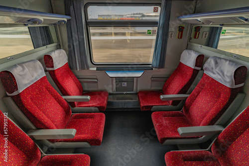 Compartment of first class in fast train on new railway line from Prague to Tabor