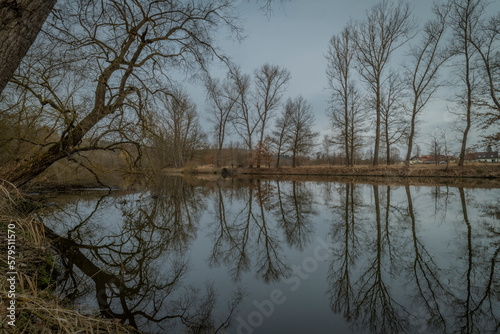 Sobeslav town and Luznice river in winter cloudy sunny morning photo