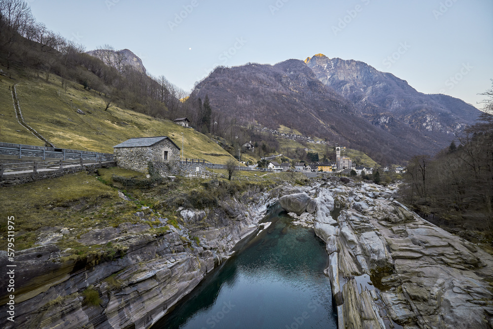 View of the Verzasca river as it passes through the town of Lavertezzo, Switzerland.