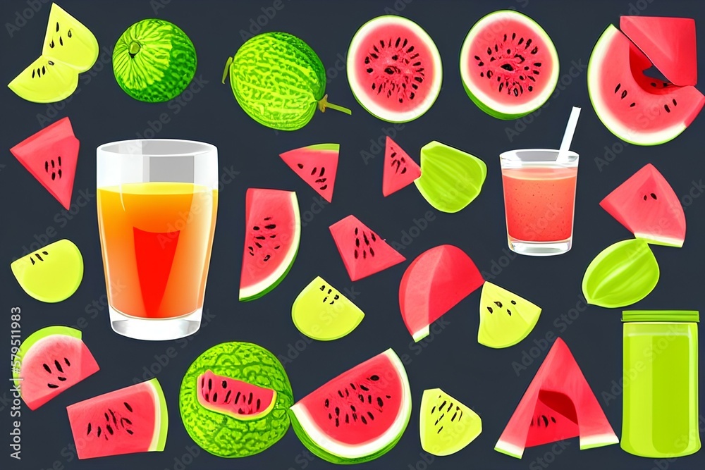 Fresh fruits juice set. Melon, watermelon and white grape realistic vector - generative ai Fresh fruits juice set. Melon, watermelon and white grape realistic vector - generative ai