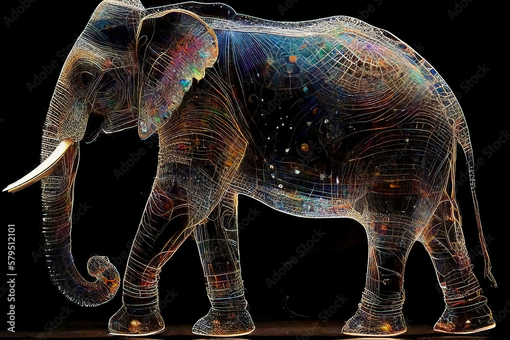 Fototapeta premium Iridescent Shiny Hindu sacred elephant made of universe and cosmos stars. Ganesha representation created with Generative AI technology