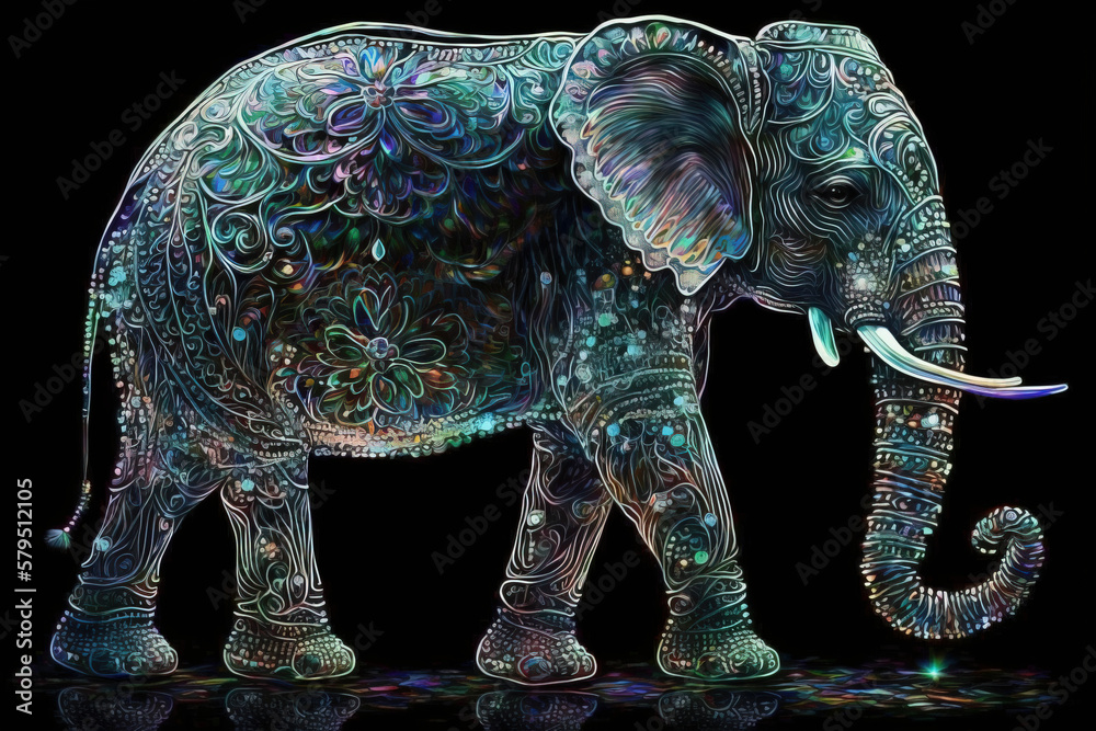 Fototapeta premium Shiny iridescent Hindu sacred elephant made of universe and cosmos stars. Ganesha representation created with Generative AI technology