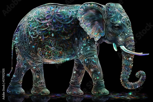 Shiny iridescent Hindu sacred elephant made of universe and cosmos stars. Ganesha representation created with Generative AI technology