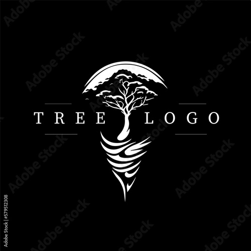 Minimalistic logo template, white icon of tree with roots silhouette on black background, modern logotype concept for business identity, t-shirts print, tattoo. Vector illustration