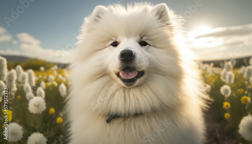 Samoyed on blooming summer field. White fluffy cute dog outdoors. AI generative illustration.