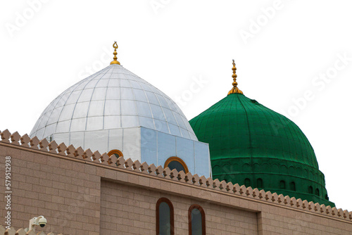 Medina / Saudi Arabia - 11 May 2017:  Green Dome Close up -  Prophet Mohammed Mosque , Al Masjid an Nabawi - Silver