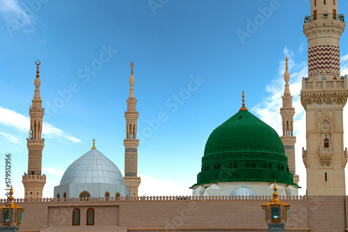 Medina , Saudi Arabia - 11 May 2017 :  Green Dome Close up -  Prophet Mohammed Mosque , Al Masjid an Nabawi