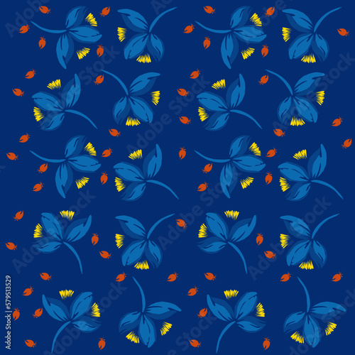 Traditional Ukrainian painting of Petrykivka. Elements of blue and yellow floral ornament. Decorative composition for the background. Repeating pattern.