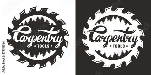 Wood saw for slice of tree or timber for logo and design of workshop or sawmill. Blade or circular saw with forest for sawing of woodmaster or carpenter.