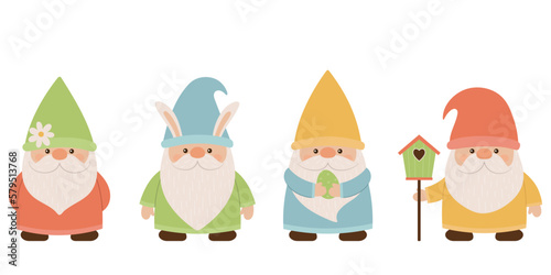 Collection of cute spring gnomes. A variety of garden gnomes, in a flat cartoon style. © Елена Хмельнюк