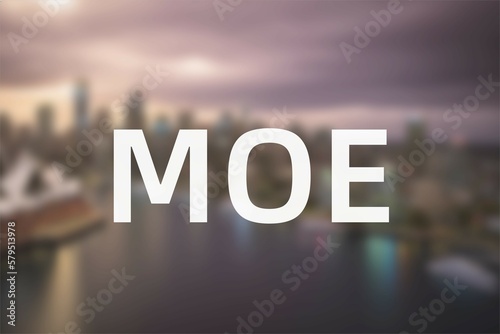 Moe: Der Name der australischen Stadt Moe in der Region Victoria vor einem Foto des Ortes