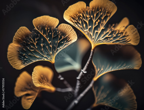 Ginkgo biloba golden leaves Dark background created with Generative AI technology