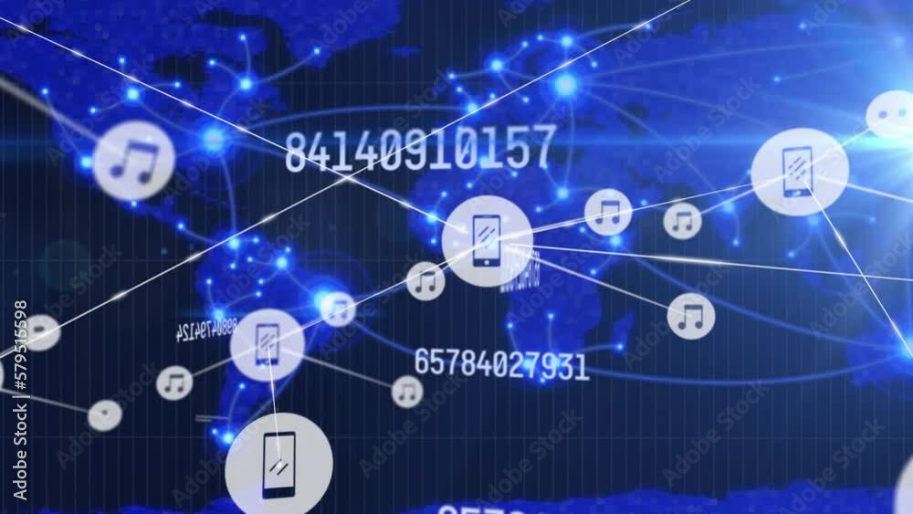 Animation of network of connections over numbers and world map Animation of network of connections over numbers and world map