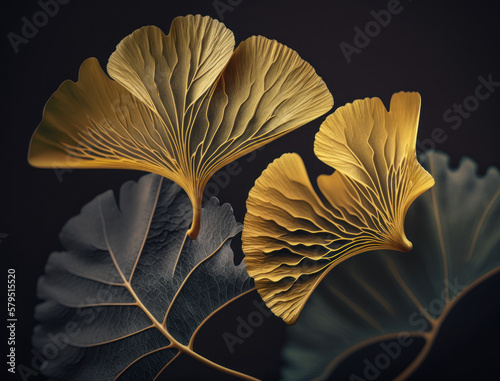 Ginkgo biloba golden leaves Dark background created with Generative AI technology