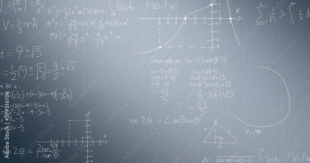 Animation of mathematical formulae and data processing over grey background