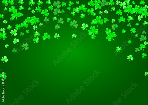 Clover background for Saint Patricks Day.  Lucky trefoil confetti. Glitter frame of shamrock leaves. Template for special business offer, banner, flyer. Irish clover background.