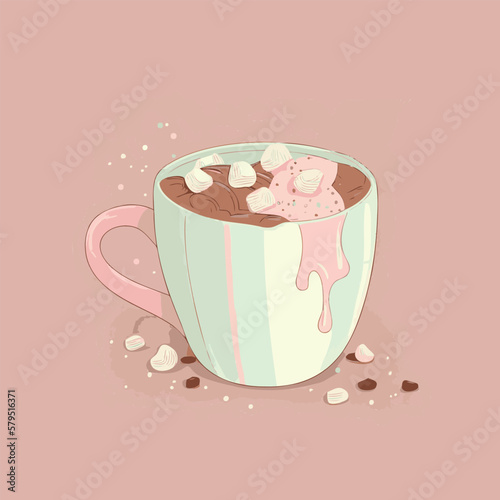 Flat cartoon illustration of cute beautiful glass cup of cocoa drink in pastel brown colors