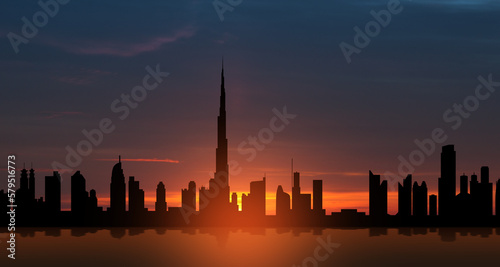 United Arab Emirates  Dubai skyline view at sunset. UAE celebration.