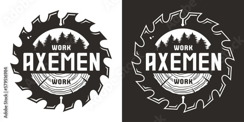 Wood saw for slice of tree or timber for logo and design of workshop or sawmill. Blade or circular saw with forest for sawing of lumberman or lumberjack.