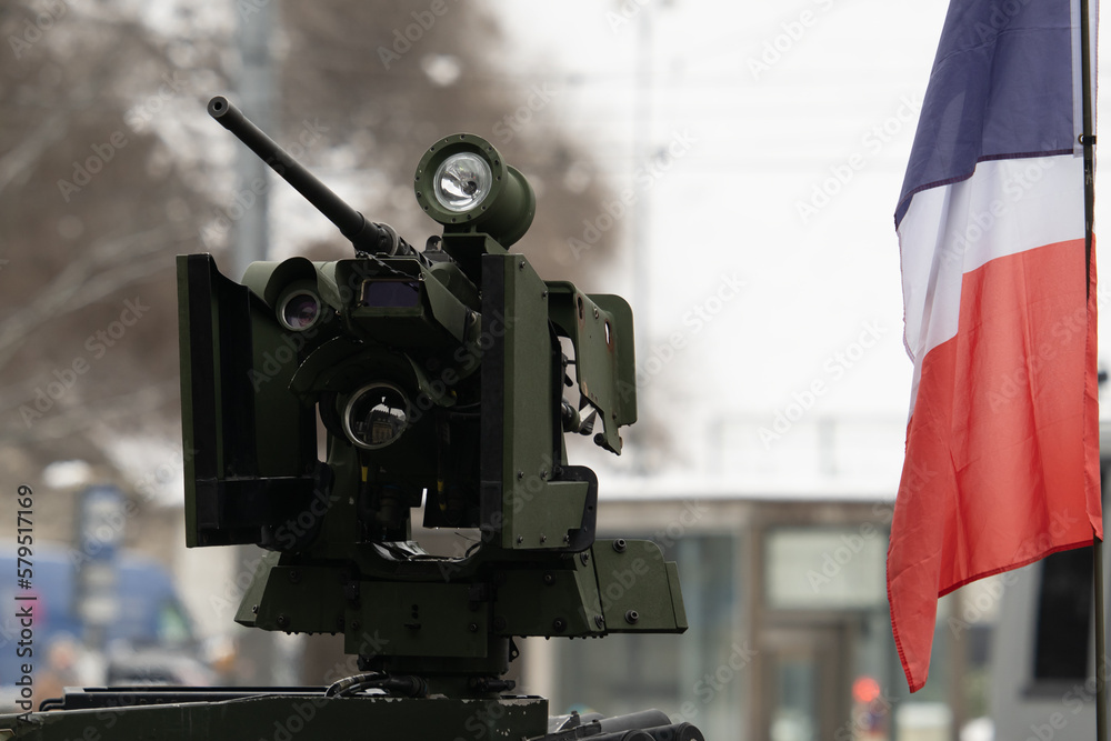 Fototapeta premium French army, heavy machine gun on a carriage with a flashlight and a thermal imager, military equipment.