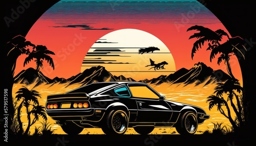 Summer vibes 90s style illustration of a sunset, retro style, generative AI