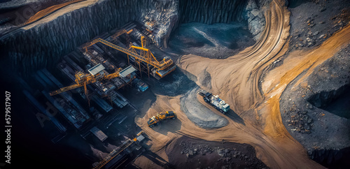 Coal mining from above. Open pit mine, extractive industry for coal, top view. digital ai art 