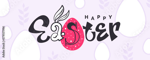 Happy Easter creative lettering with bunny ears. Easter greeting banner design. Holiday inscription isolated on pink background. Ideal for poster, graphic print, card. Vector illustration