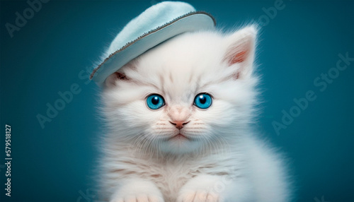 A cute white kitten with blue eyes wearing a blue hat, blue background, generative ai photo