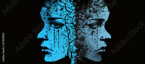 Schizophrenia and split personality disorder and mental health psychiatric disease concept in a illustration style., Created using generative AI tools.