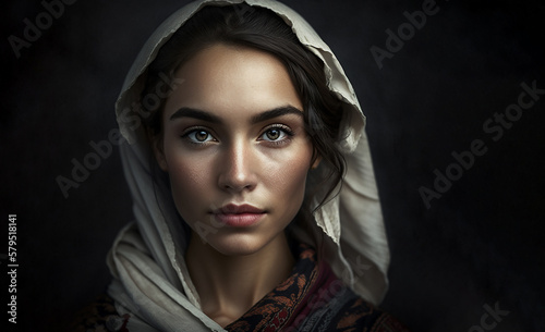 Woman in traditional Muslim clothing, smiling. Beautiful woman headshot looking at camera and wearing a hijab. Arabian woman, Created using generative AI tools.