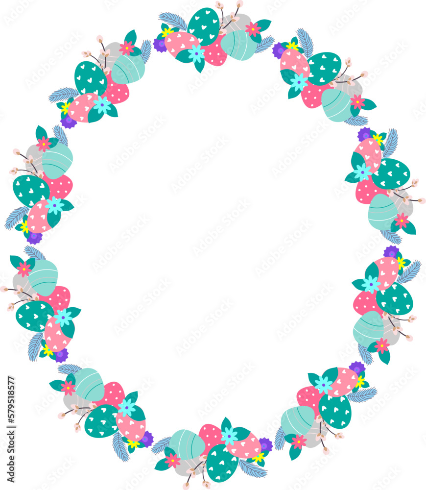Easter flower wreath . Easter frame with decorated eggs and flowers and symbols of bright Easter Easter flower wreath . Easter frame with decorated eggs and flowers and symbols of bright Easter