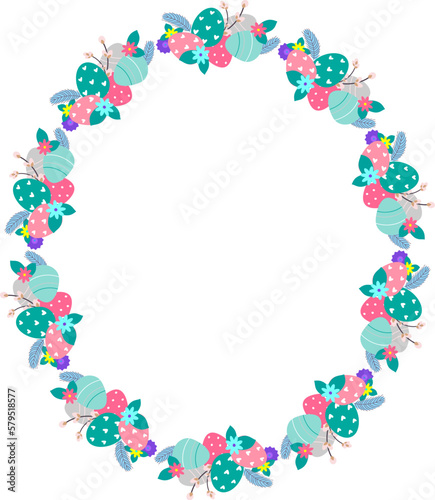 Easter flower wreath . Easter frame with decorated eggs and flowers and symbols of bright Easter