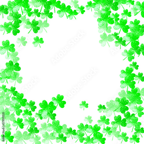 Saint patricks day background with shamrock. Lucky trefoil confetti. Glitter frame of clover leaves. Template for special business offer, banner, flyer. Festive saint patricks day backdrop.