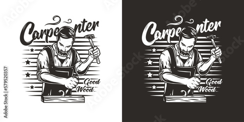 Bearded carpenter for logo of carpentry or wood carving. Woodworker with chisel in his hands for design of workshop or woodworking