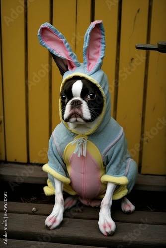 A Boston Terrier dog dressed up as the Easter Bunny in a costume. Generative AI