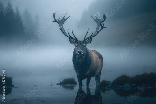 Deer stag in the mist, morning misty forest and lake, generative ai © AdamantiumStock