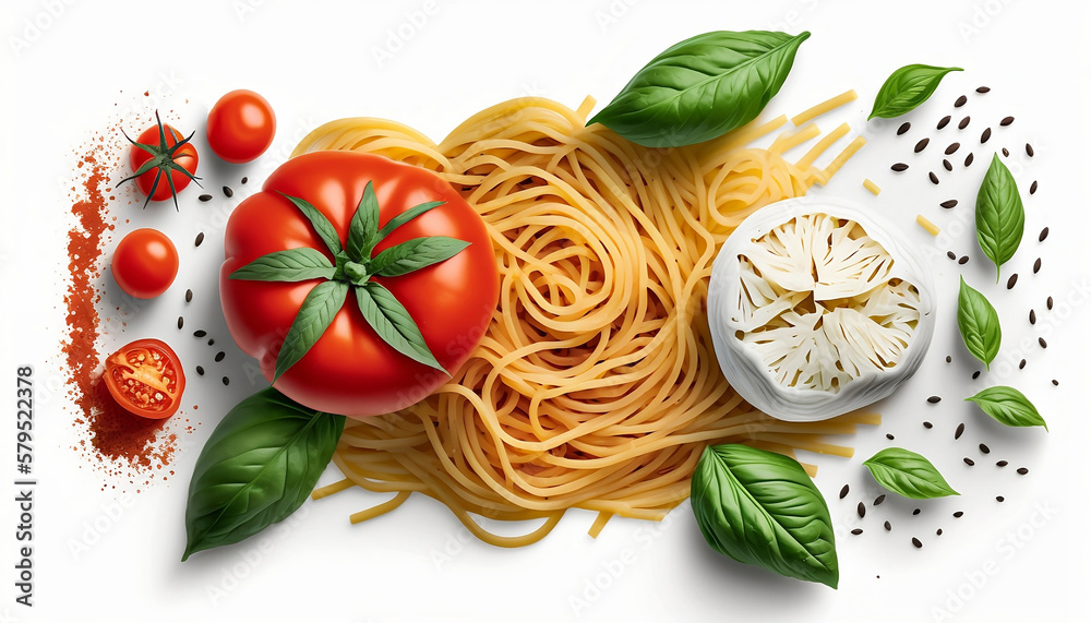 Spaghetti with fresh tomatoes and basil on a white background