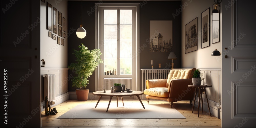 Modern interior live room with furniture and artwork. Created with generative Ai technology