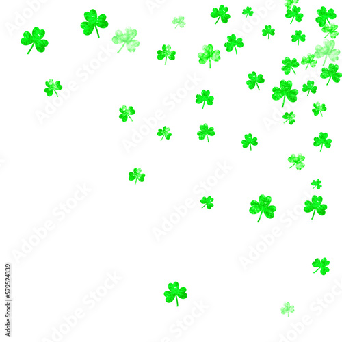 St patricks day background with shamrock. Lucky trefoil confetti. Glitter frame of clover leaves. Template for gift coupons  vouchers  ads  events. Celtic st patricks day backdrop.