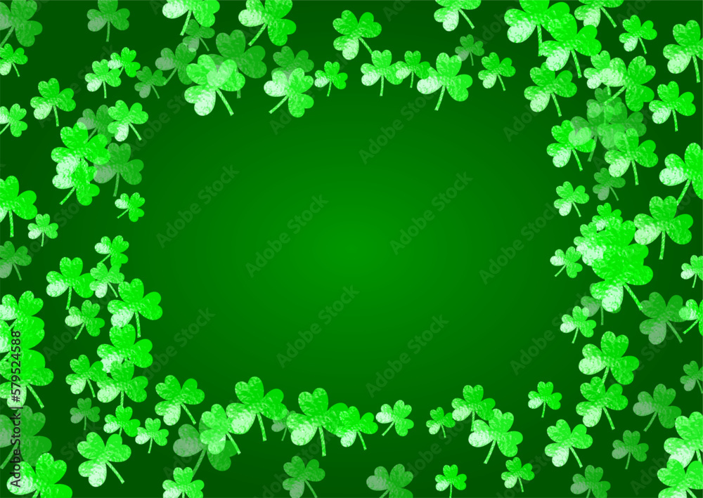 Clover background for Saint Patricks Day. Lucky trefoil confetti. Glitter frame of shamrock leaves. Template for voucher, special business ad, banner. Decorative clover background. Clover background for Saint Patricks Day. Lucky trefoil confetti. Glitter frame of shamrock leaves. Template for voucher, special business ad, banner. Decorative clover background.