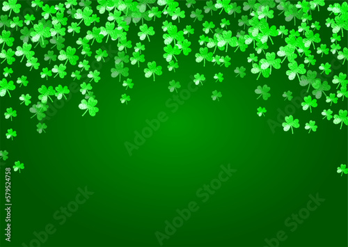 Shamrock background for Saint Patricks Day. Lucky trefoil confetti. Glitter frame of clover leaves. Template for voucher, special business ad, banner. Greeting shamrock background.